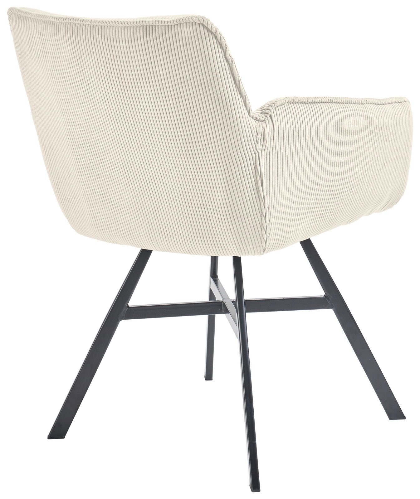 Rückansicht eines Armlehnstuhls mit hellbeigem Stoffbezug und schwarzen Metallbeinen.