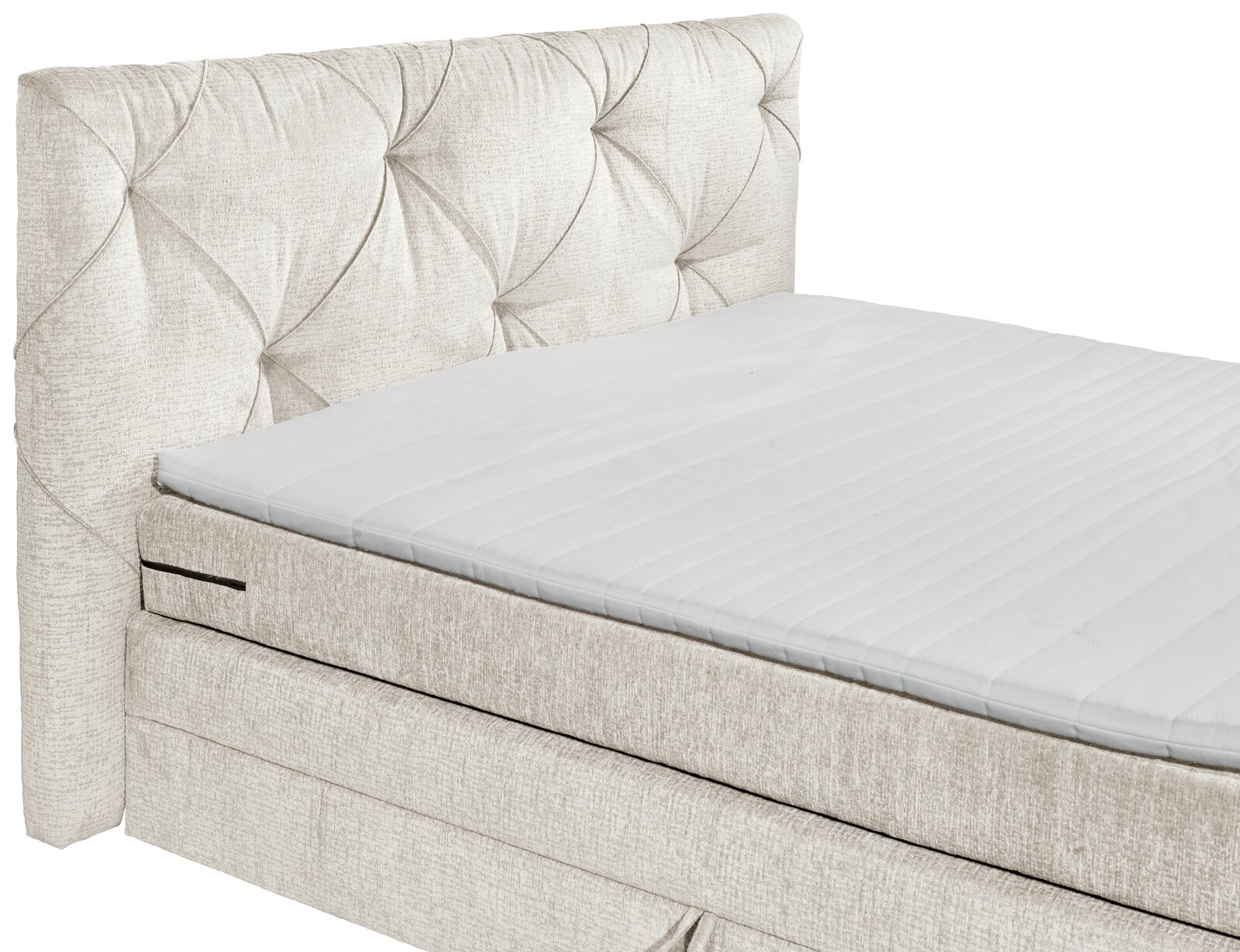 Boxspringbett mit gepolstertem Kopfteil in seitlicher Perspektive