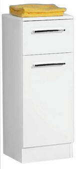 Weißer Unterschrank mit zwei Schubladen, frontal abgebildet, mit einem gelben Handtuch obenauf.