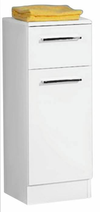 XORA Unterschrank TRIER Weißer Unterschrank mit zwei Schubladen, frontal abgebildet, mit einem gelben Handtuch obenauf.