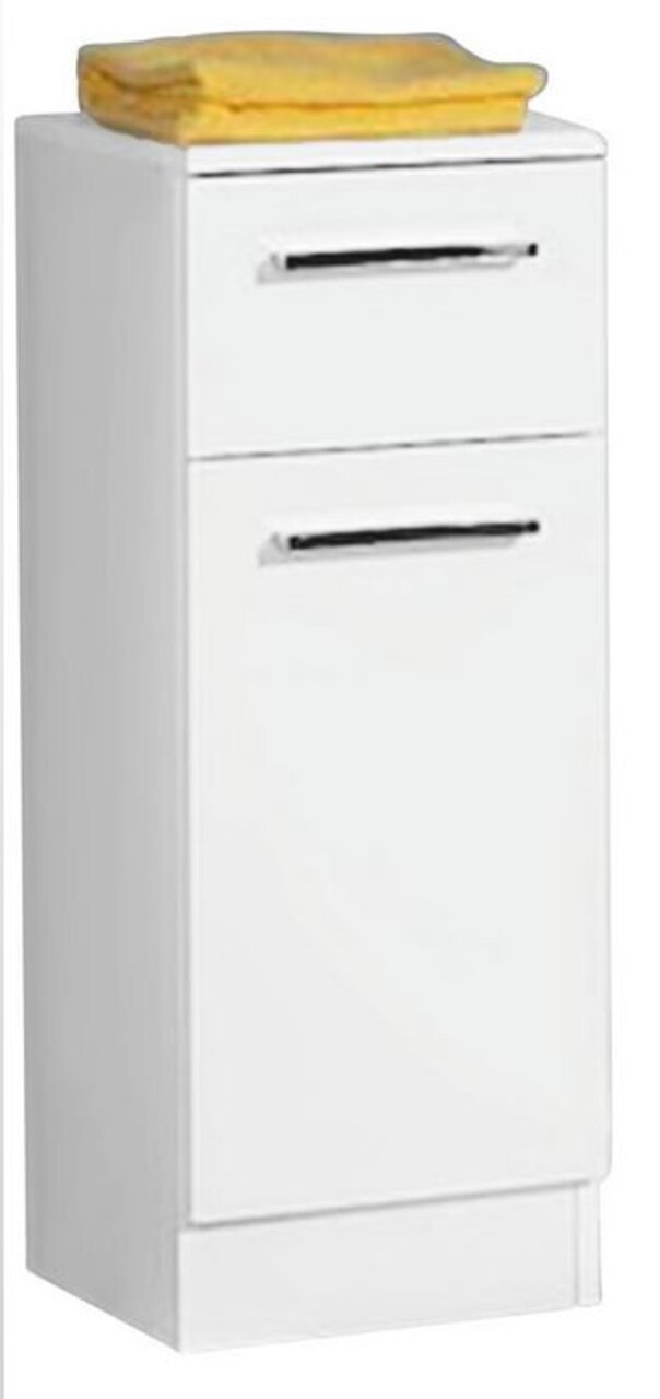 Weißer Unterschrank mit zwei Schubladen, frontal abgebildet, mit einem gelben Handtuch obenauf.