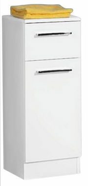 Weißer Unterschrank mit zwei Schubladen, frontal abgebildet, mit einem gelben Handtuch obenauf.
