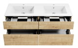 Badezimmerschrank mit zwei Waschbecken und vier offenen Schubladen, aus Holzoptik, Frontalansicht