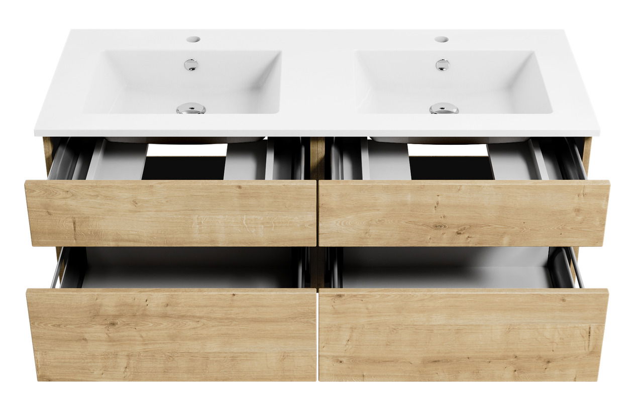 Badezimmerschrank mit zwei Waschbecken und vier offenen Schubladen, aus Holzoptik, Frontalansicht