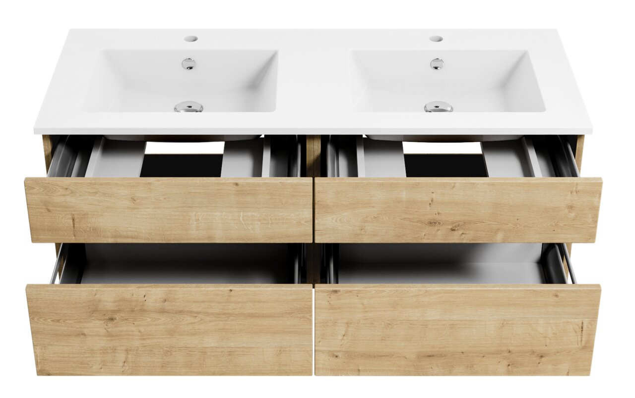 Badezimmerschrank mit zwei Waschbecken und vier offenen Schubladen, aus Holzoptik, Frontalansicht