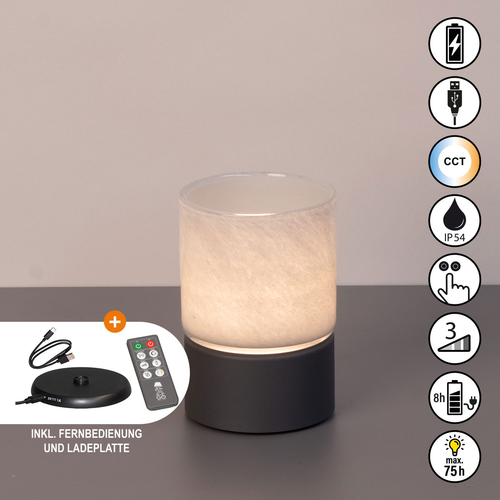 Akku-Windlicht und Tischleuchte in seitlicher Perspektive, inklusive Fernbedienung und Ladeplatte, mit IP54 Schutz und einstellbarer Farbtemperatur.