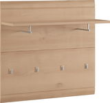 Garderobenpaneel aus hellem Holz mit vier Haken und einem Regalbrett, seitliche Perspektive