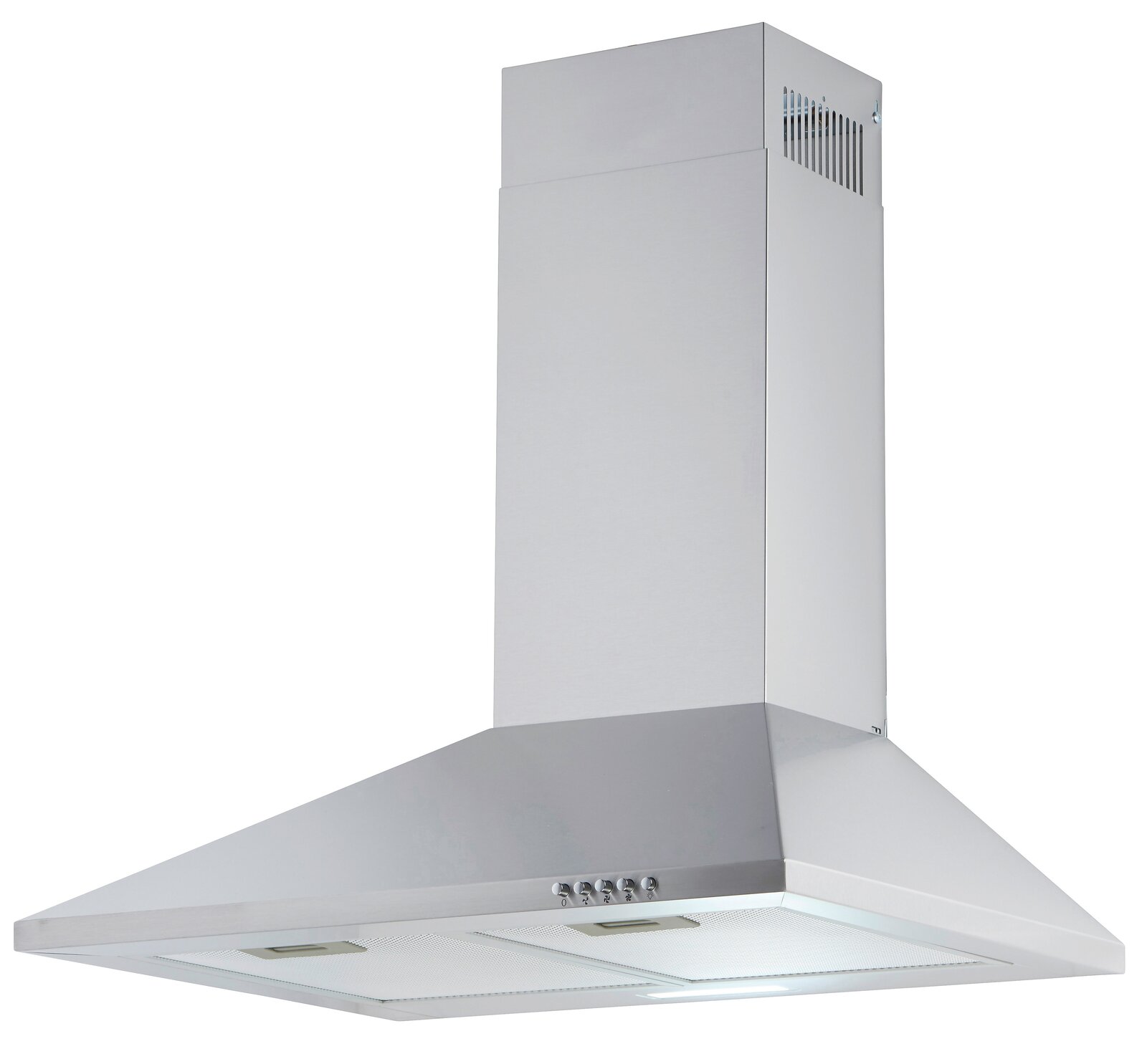 Moderne Edelstahl-Dunstabzugshaube, seitliche Perspektive