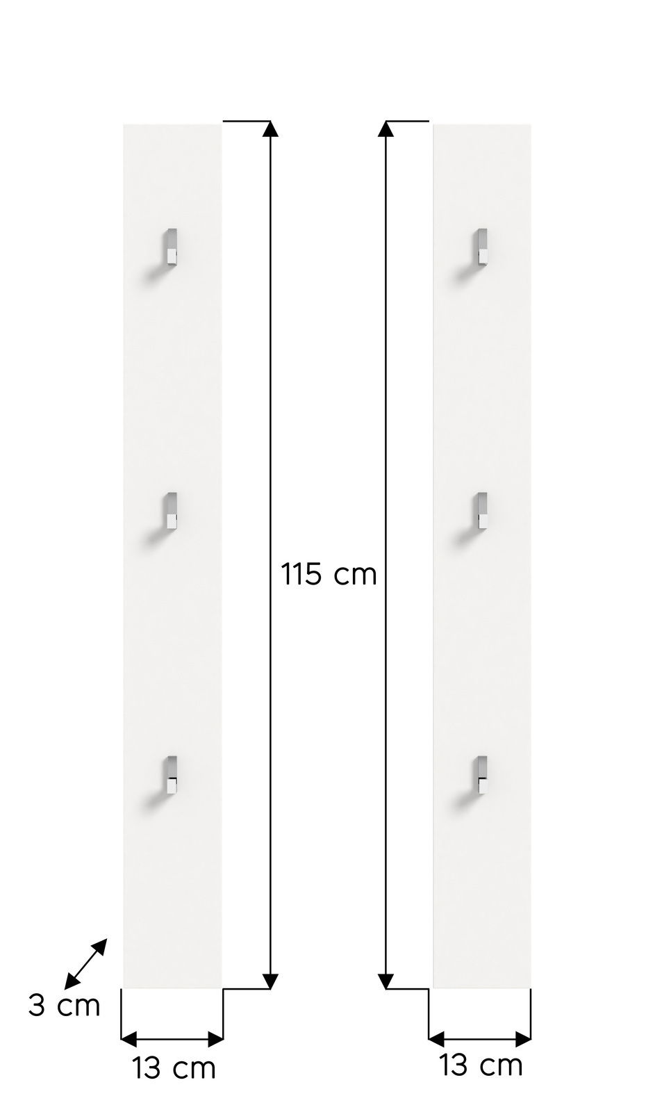 Zwei weiße Paneele mit jeweils drei Haken, frontal abgebildet. Maße: 115 cm hoch, 13 cm breit, 3 cm tief.