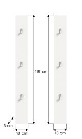 Zwei weiße Paneele mit jeweils drei Haken, frontal abgebildet. Maße: 115 cm hoch, 13 cm breit, 3 cm tief.