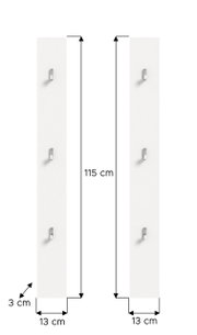 Zwei weiße Paneele mit jeweils drei Haken, frontal abgebildet. Maße: 115 cm hoch, 13 cm breit, 3 cm tief.