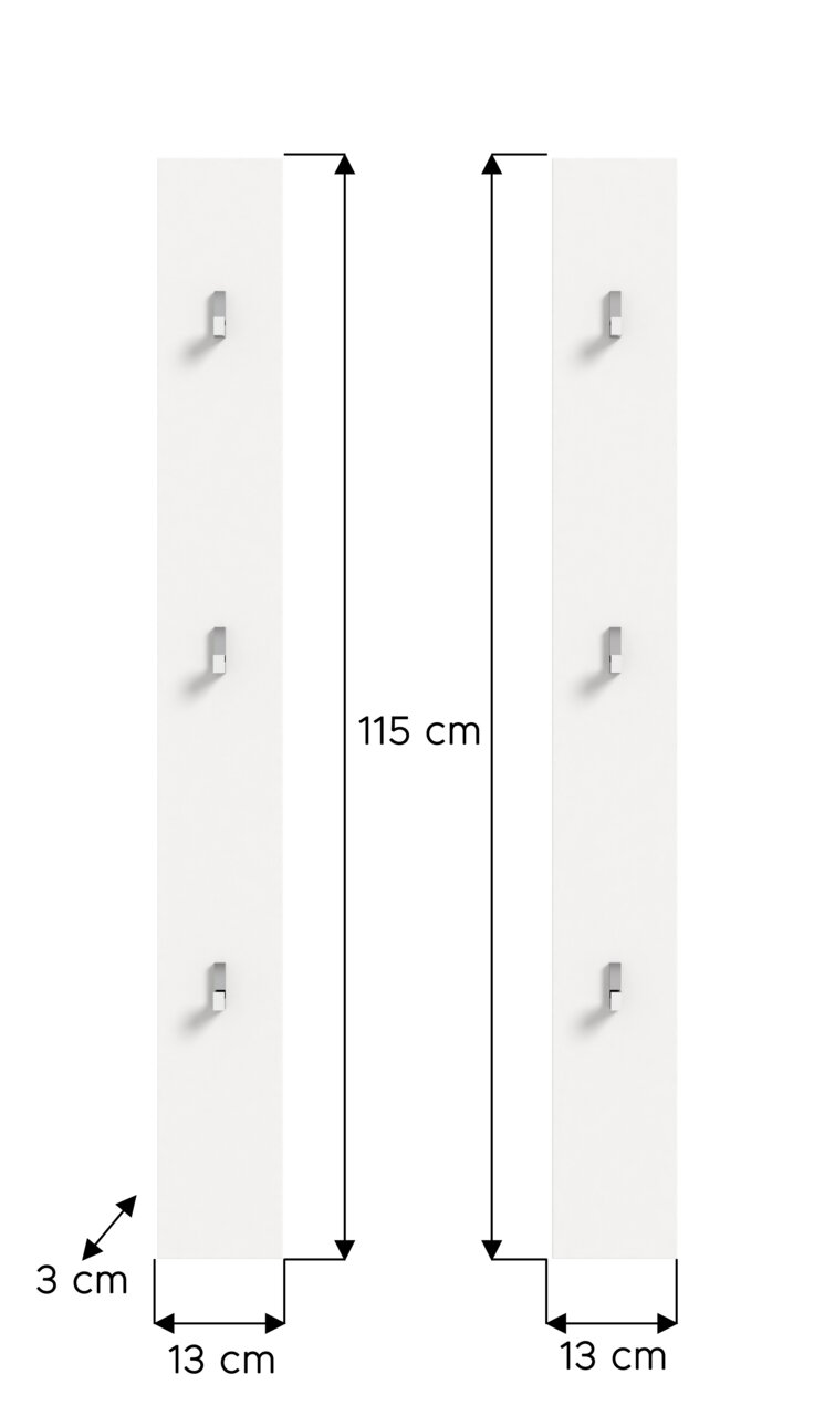 Zwei weiße Paneele mit jeweils drei Haken, frontal abgebildet. Maße: 115 cm hoch, 13 cm breit, 3 cm tief.
