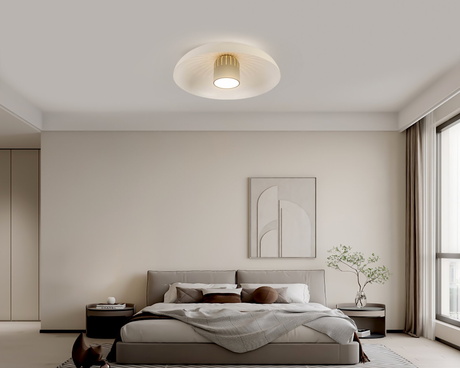 Moderne led-plafondlamp in een stijlvolle slaapkamer, van onderaf gezien.