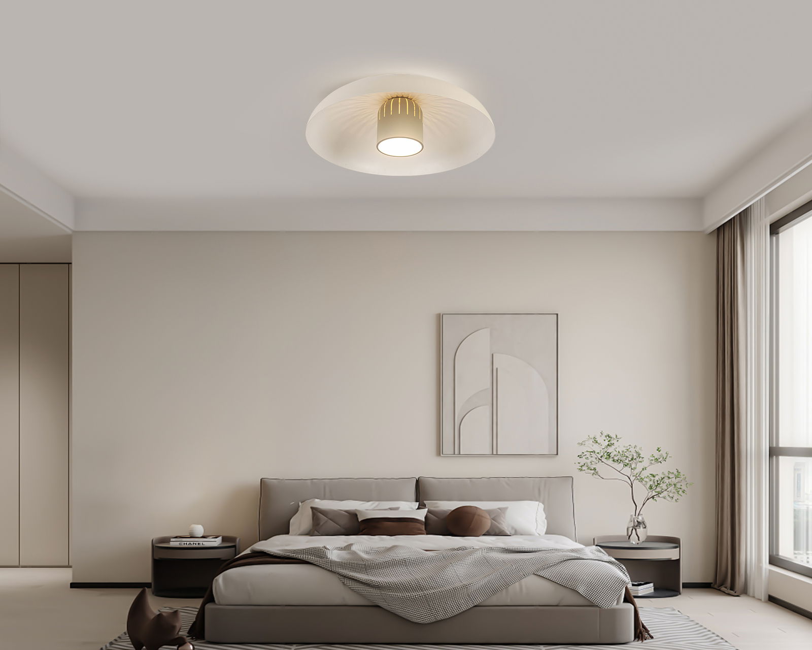 Moderne LED-Deckenleuchte in einem stilvollen Schlafzimmer, von unten betrachtet.