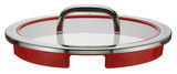 Deckel eines Gemüsetopfs Function 4, 24 cm, aus Glas und Edelstahl mit rotem Silikonrand, seitliche Perspektive