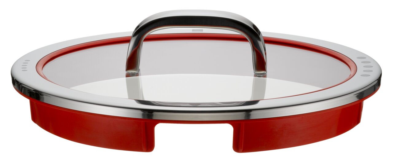 Deckel eines Gemüsetopfs Function 4, 24 cm, aus Glas und Edelstahl mit rotem Silikonrand, seitliche Perspektive