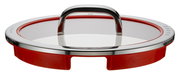 Deckel eines Gemüsetopfs Function 4, 24 cm, aus Glas und Edelstahl mit rotem Silikonrand, seitliche Perspektive