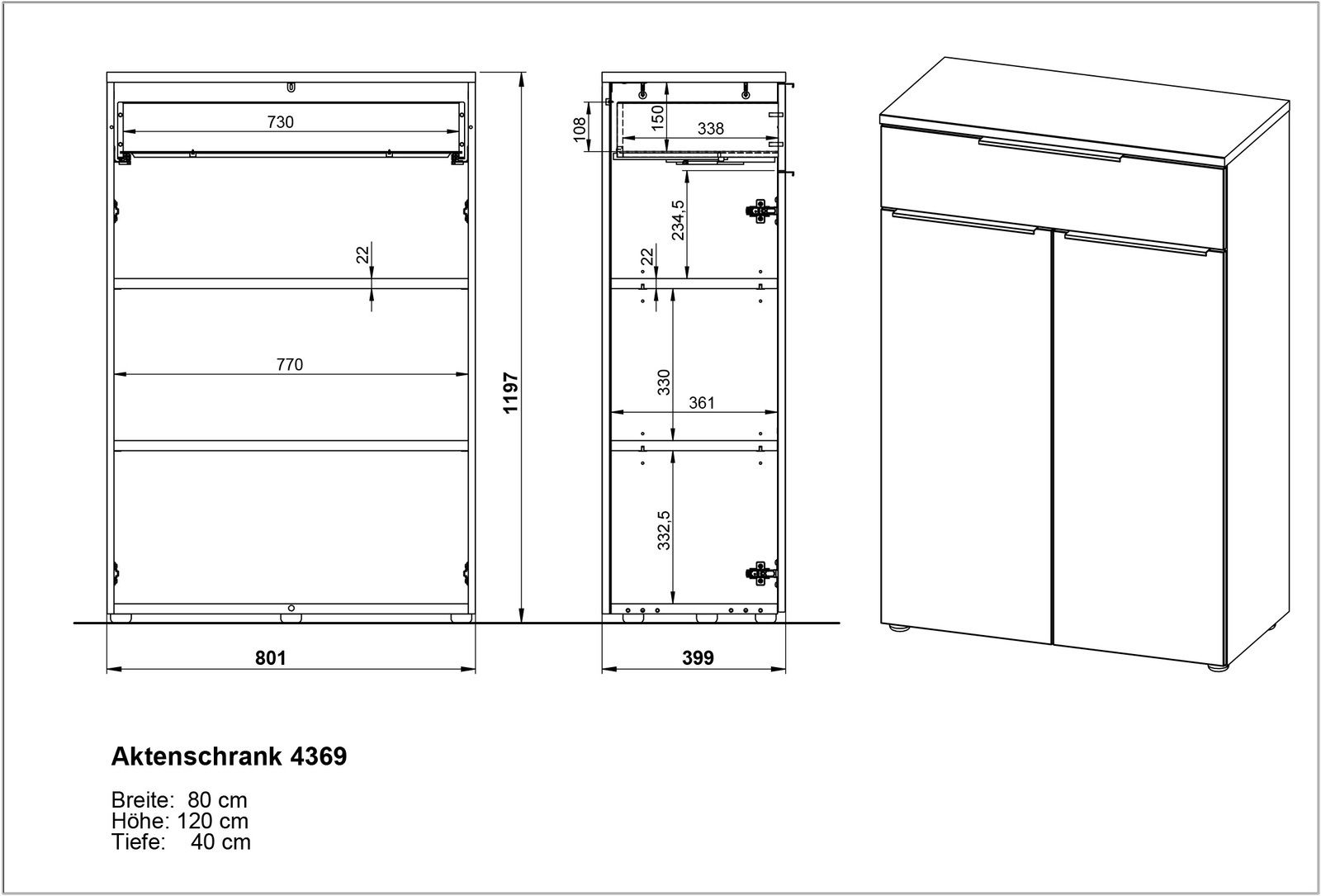 Zeichnung eines Aktenschranks mit den Maßen 80 cm Breite, 120 cm Höhe und 40 cm Tiefe, Vorder- und Seitenansicht.