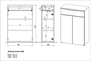 Zeichnung eines Aktenschranks mit den Maßen 80 cm Breite, 120 cm Höhe und 40 cm Tiefe, Vorder- und Seitenansicht.