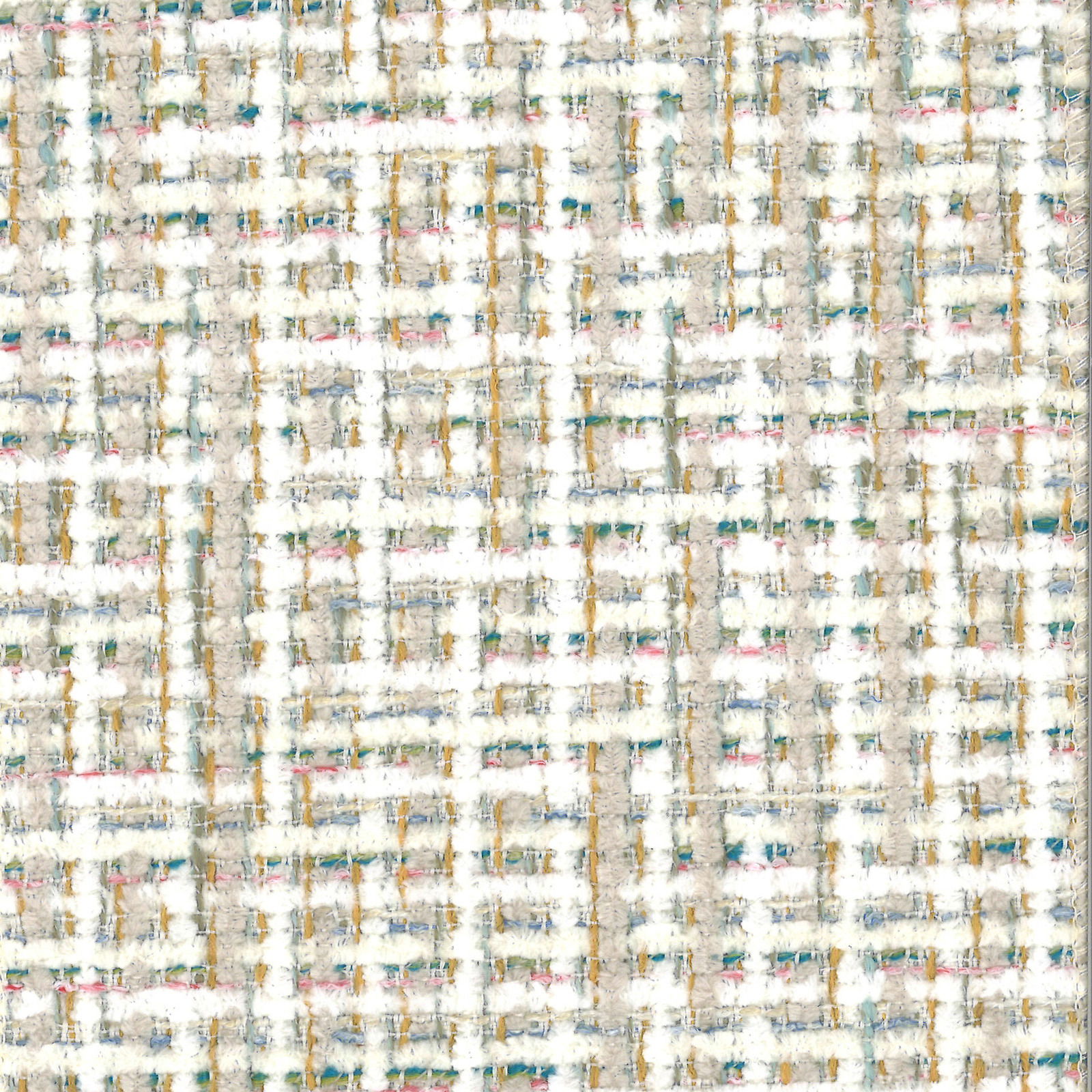 Nahaufnahme eines mehrfarbigen Stoffmusters mit einem karierten Design, das aus weißen, beigen, grünen und rosa Fäden besteht.