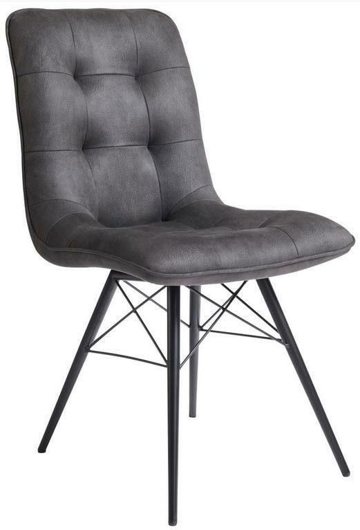 Hom´in Stuhl KAROL Grauer, gepolsterter Stuhl der Serie KAROL mit schwarzem Metallgestell, seitliche Perspektive