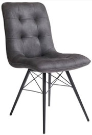 Grijze, gestoffeerde stoel uit de KAROL-serie met een zwart metalen frame, zijaanzicht