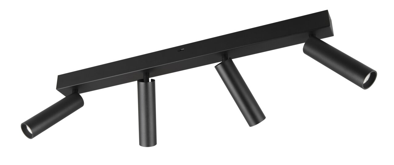 Schwarzer Deckenstrahler mit vier verstellbaren Spots, seitliche Perspektive