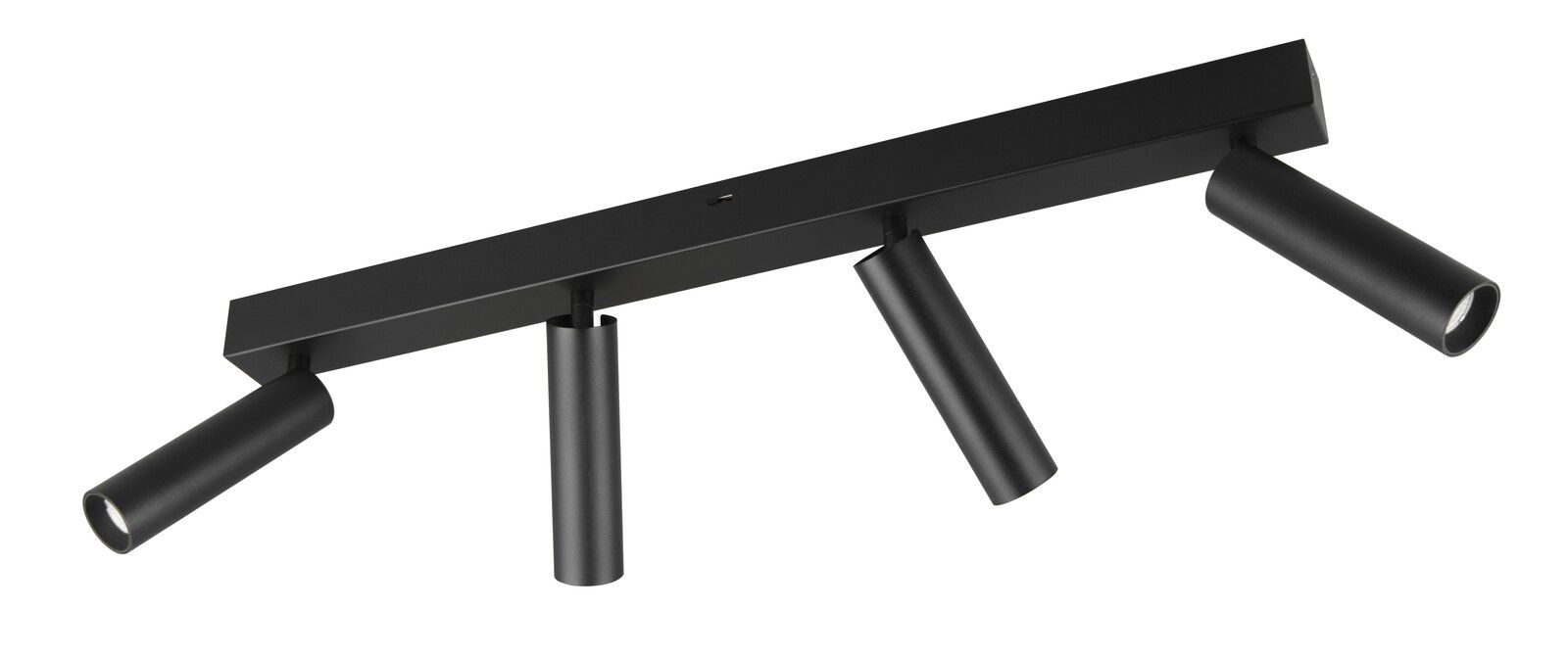 Schwarzer Deckenstrahler mit vier verstellbaren Spots, seitliche Perspektive