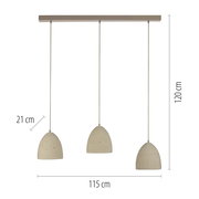 Dreiflammige Pendelleuchte mit drei beigefarbenen, gesprenkelten Lampenschirmen an rechteckigem Baldachin, Maße ca. 115 cm Breite und 120 cm Höhe, Frontansicht.