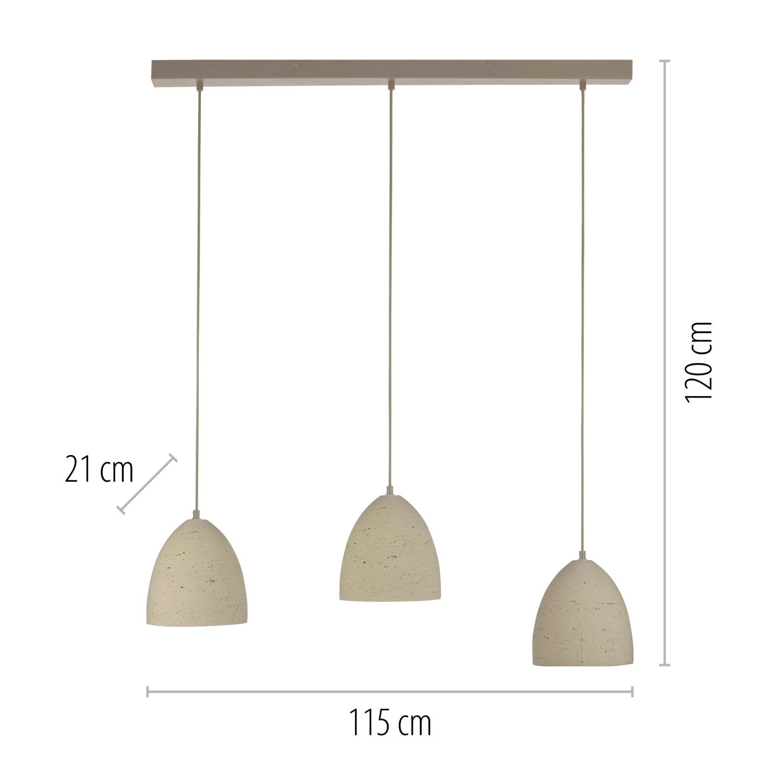 Dreiflammige Pendelleuchte mit drei beigefarbenen, gesprenkelten Lampenschirmen an rechteckigem Baldachin, Maße ca. 115 cm Breite und 120 cm Höhe, Frontansicht.