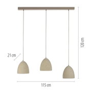 Dreiflammige Pendelleuchte mit drei beigefarbenen, gesprenkelten Lampenschirmen an rechteckigem Baldachin, Maße ca. 115 cm Breite und 120 cm Höhe, Frontansicht.