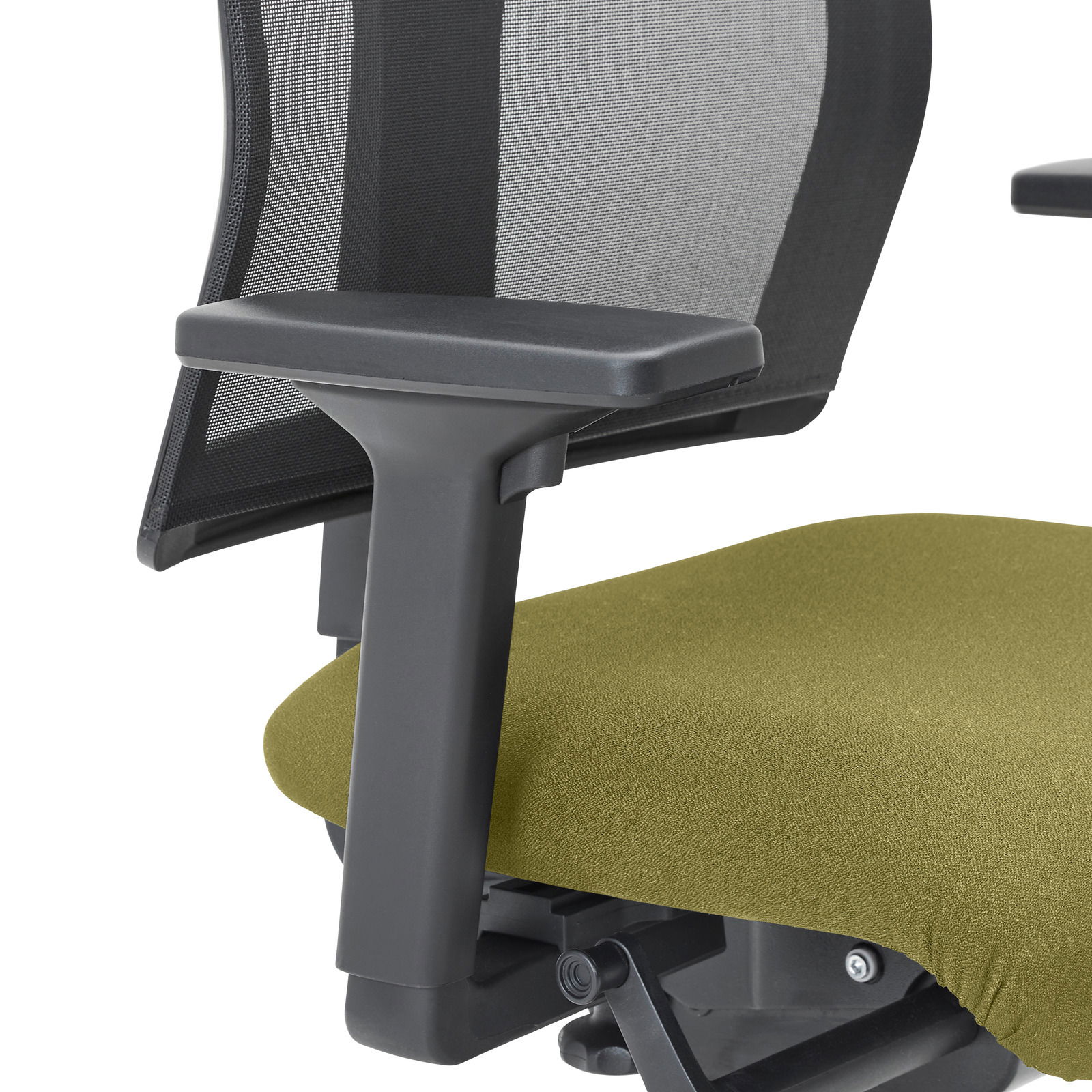 Dieter Knoll Drehstuhl NUOVO Nahaufnahme eines Drehstuhls mit grünem Sitzpolster und schwarzer Netzrückenlehne, seitliche Perspektive