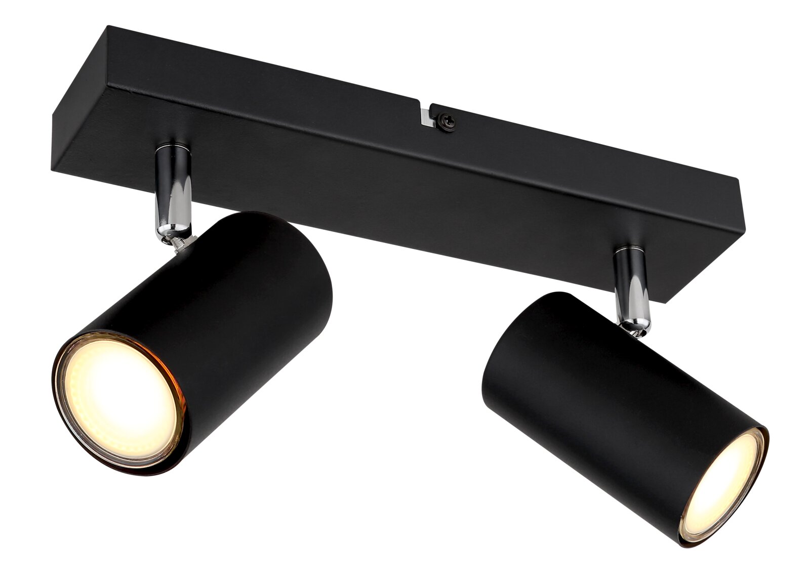 Zwarte plafondspot met twee verstelbare lampen, zijaanzicht