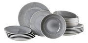 Graues 18-teiliges Tellerset mit modernem Streifenmuster, seitliche Perspektive