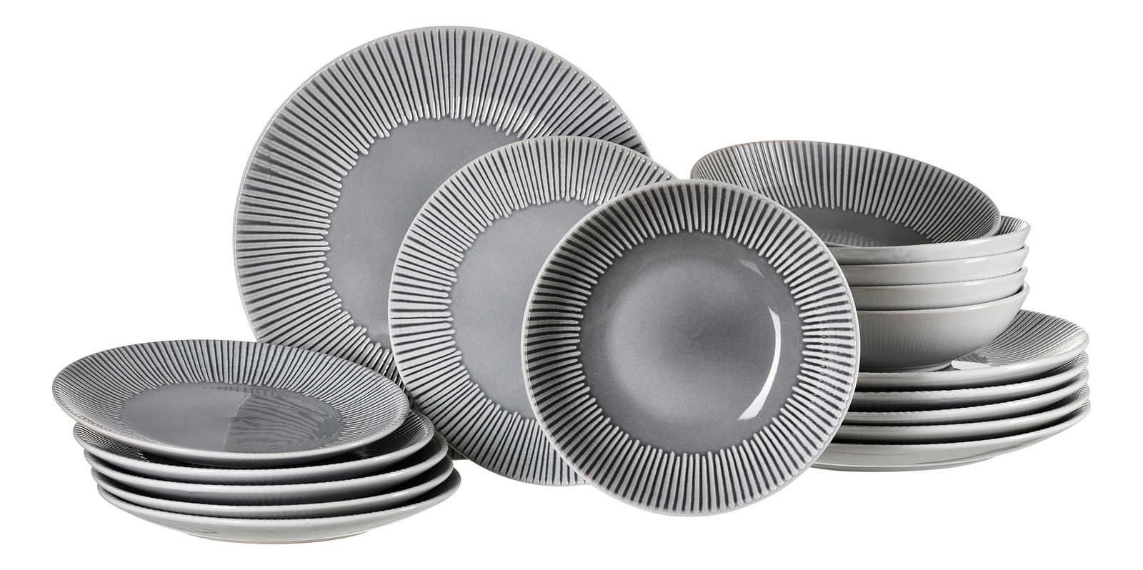 Graues 18-teiliges Tellerset mit modernem Streifenmuster, seitliche Perspektive