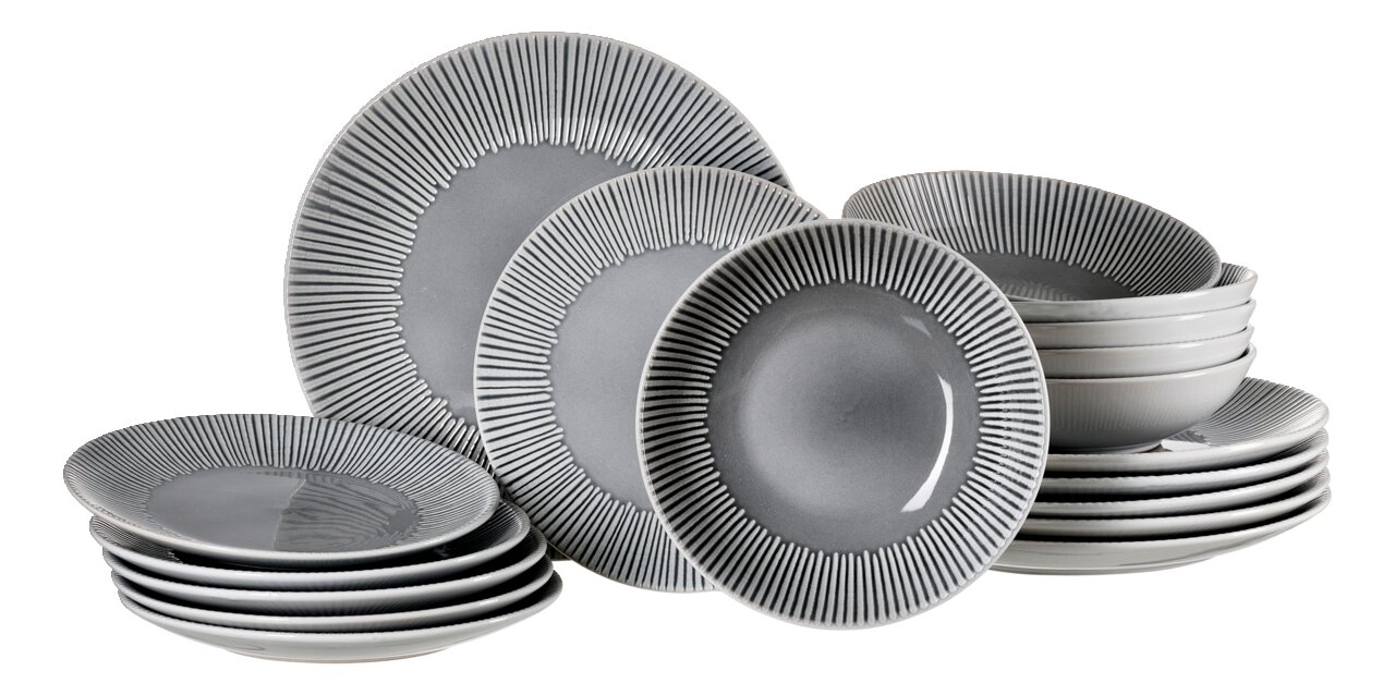 Ritzenhoff & Breker Tellerset 18-tlg. BANDA Graues 18-teiliges Tellerset mit modernem Streifenmuster, seitliche Perspektive