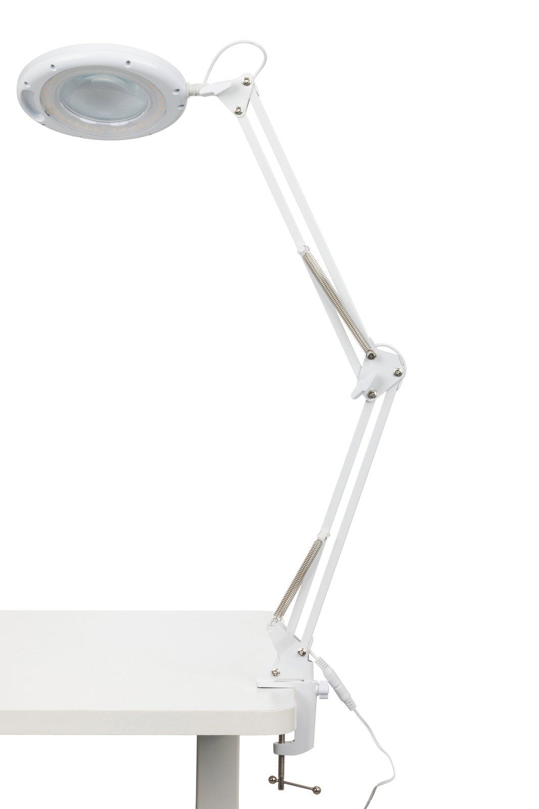 Weiße Schreibtischleuchte mit verstellbarem Arm, seitliche Perspektive