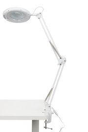 Weiße Schreibtischleuchte mit verstellbarem Arm, seitliche Perspektive