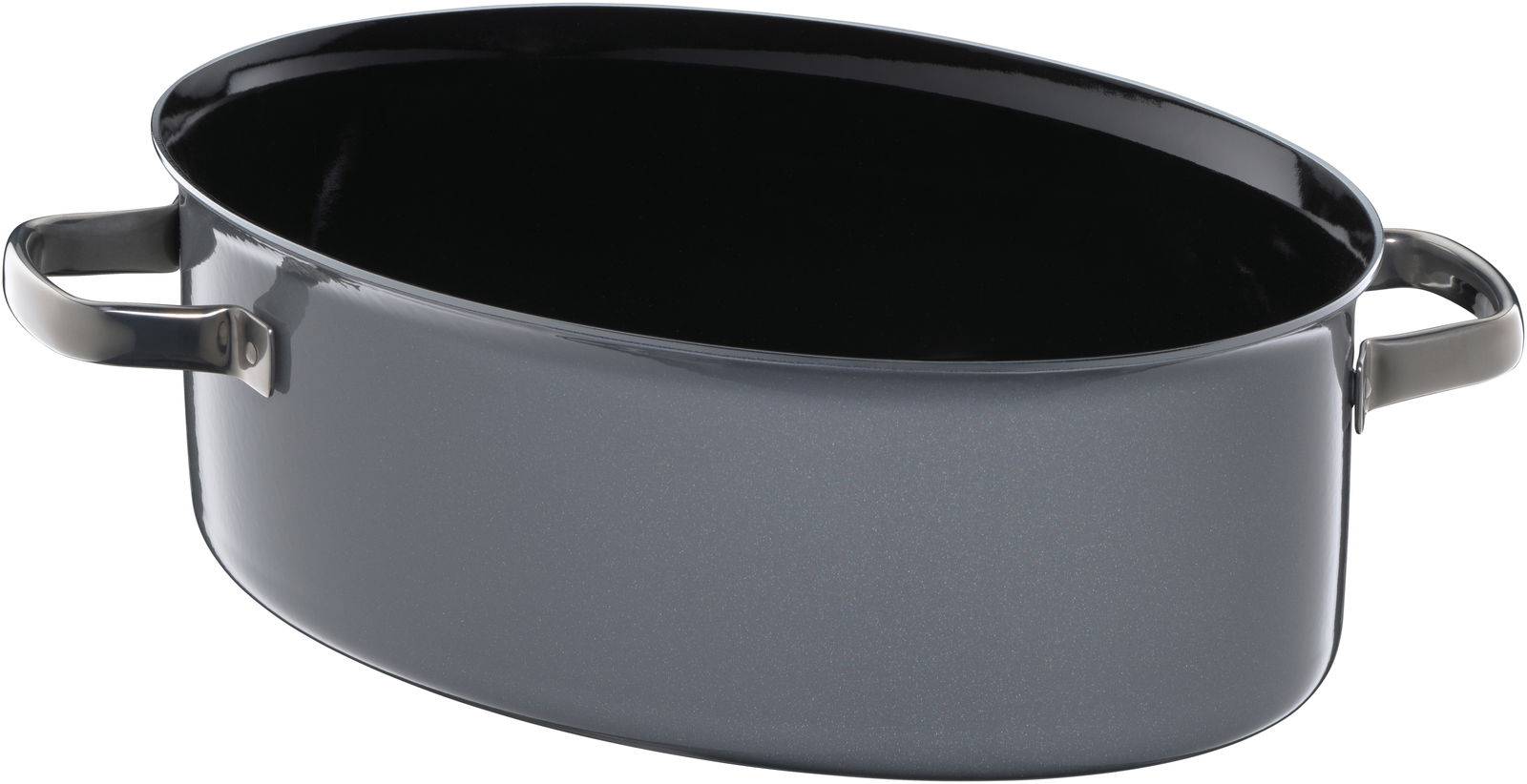 Grauer ovaler Bräter mit zwei Griffen, seitliche Perspektive