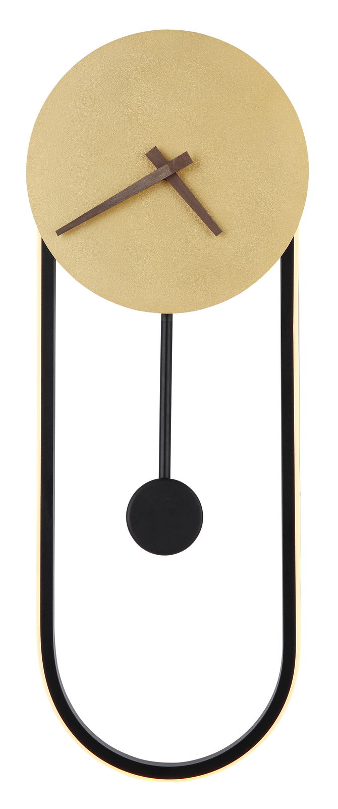 Moderne Wanduhr SUSSY mit goldfarbenem Zifferblatt und schwarzem Pendel, frontal abgebildet.