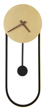Moderne Wanduhr SUSSY mit goldfarbenem Zifferblatt und schwarzem Pendel, frontal abgebildet.
