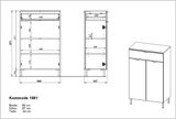Technische Zeichnung einer Kommode mit den Maßen Breite 60 cm, Höhe 97 cm, Tiefe 34 cm. Die Kommode hat eine Schublade oben und zwei Türen darunter. Perspektive: Frontalansicht und seitliche Ansicht.