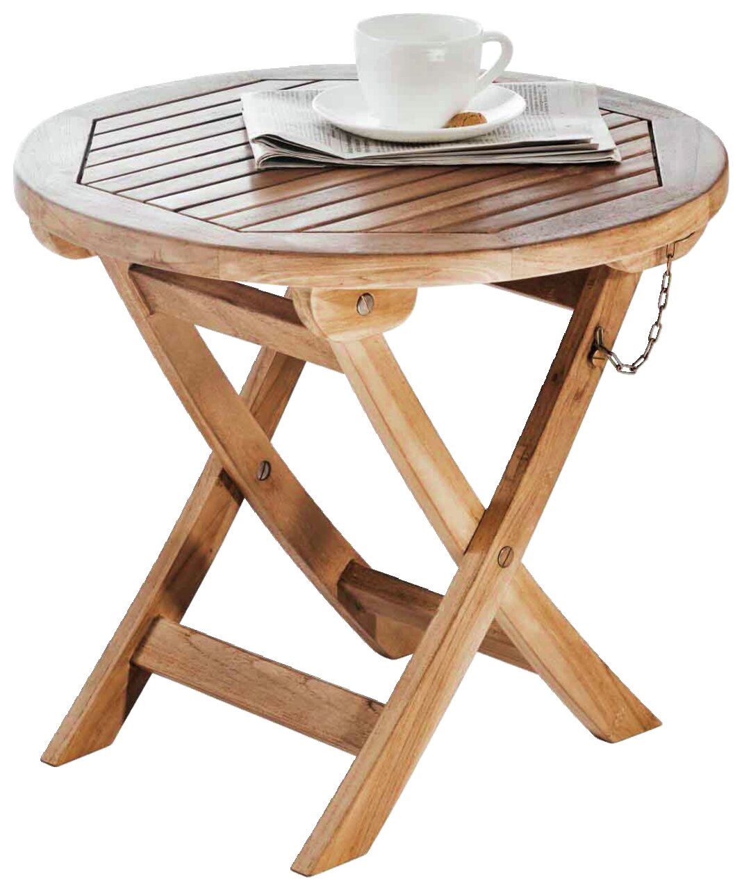 Runder Klapptisch aus Holz mit Tasse und Zeitung, seitliche Perspektive