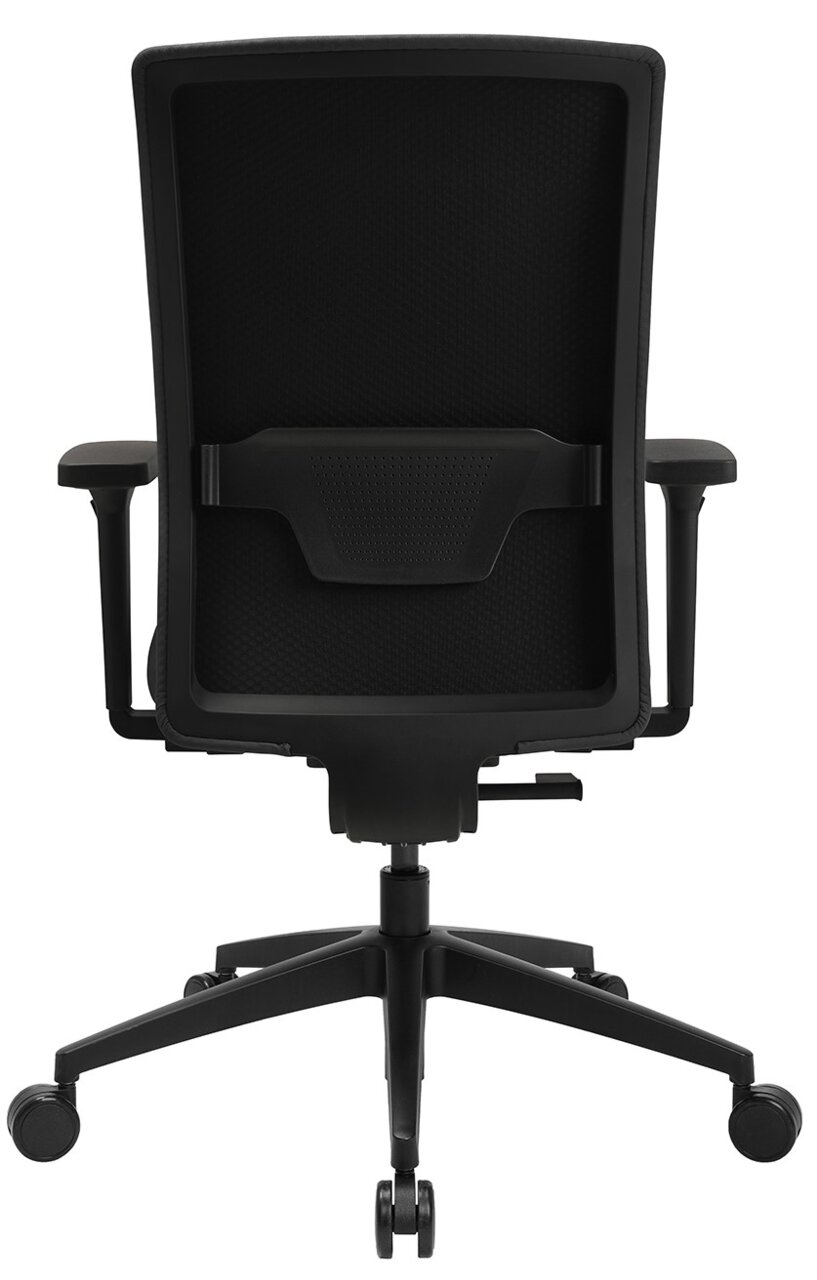 Rückansicht eines schwarzen Bürostuhls mit Netzrückenlehne und verstellbaren Armlehnen.