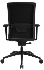 Rückansicht eines schwarzen Bürostuhls mit Netzrückenlehne und verstellbaren Armlehnen.