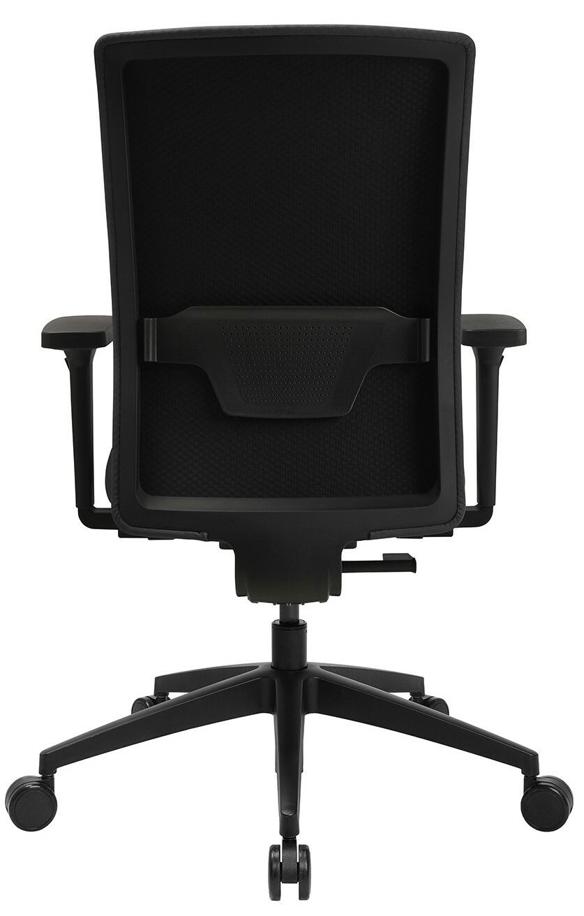 Rückansicht eines schwarzen Bürostuhls mit Netzrückenlehne und verstellbaren Armlehnen.