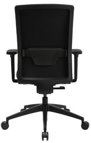 Rückansicht eines schwarzen Bürostuhls mit Netzrückenlehne und verstellbaren Armlehnen.