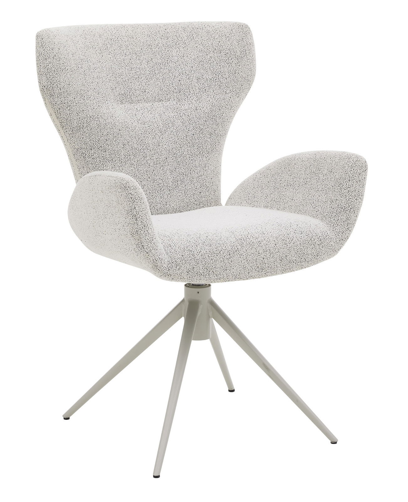 Moderner Armlehnstuhl mit hellgrauem Stoffbezug und vierbeiniger Metallbasis, seitliche Perspektive