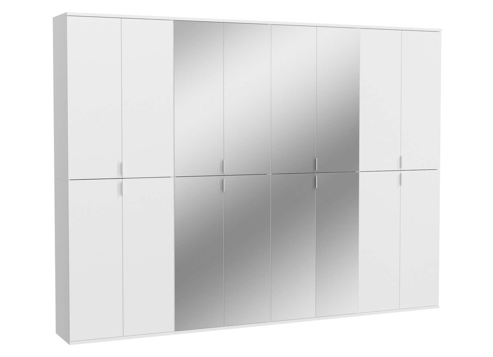 Weiße Garderobenkombination mit mehreren Türen, teilweise mit Spiegeln, aus einer leicht seitlichen Perspektive betrachtet.