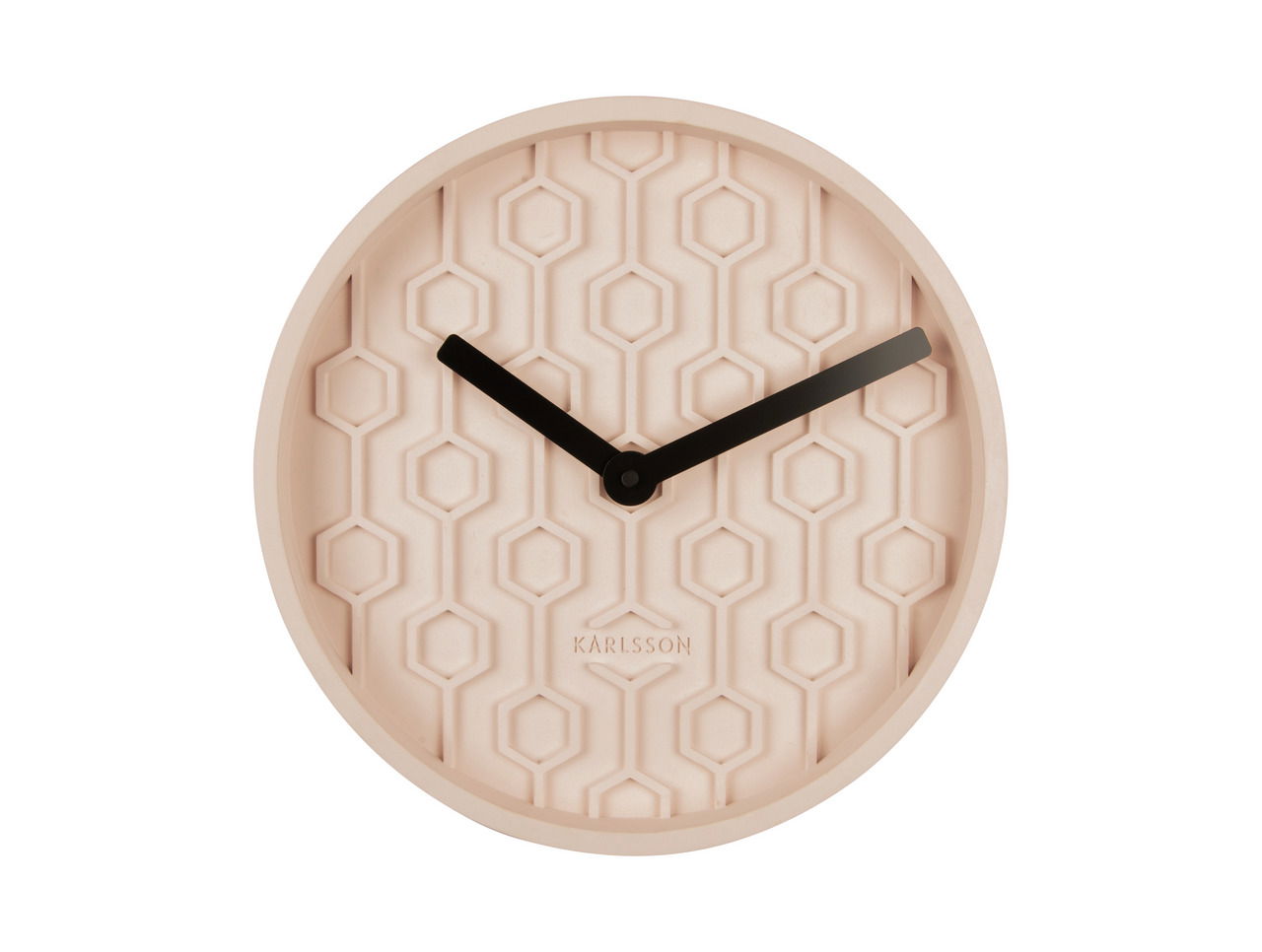 Wanduhr mit Wabenmuster in Rosa, schwarze Zeiger, Frontalansicht